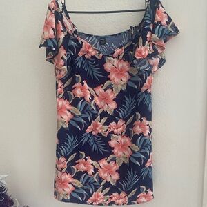 SHEIN Blue and Pink Leaf Print Top